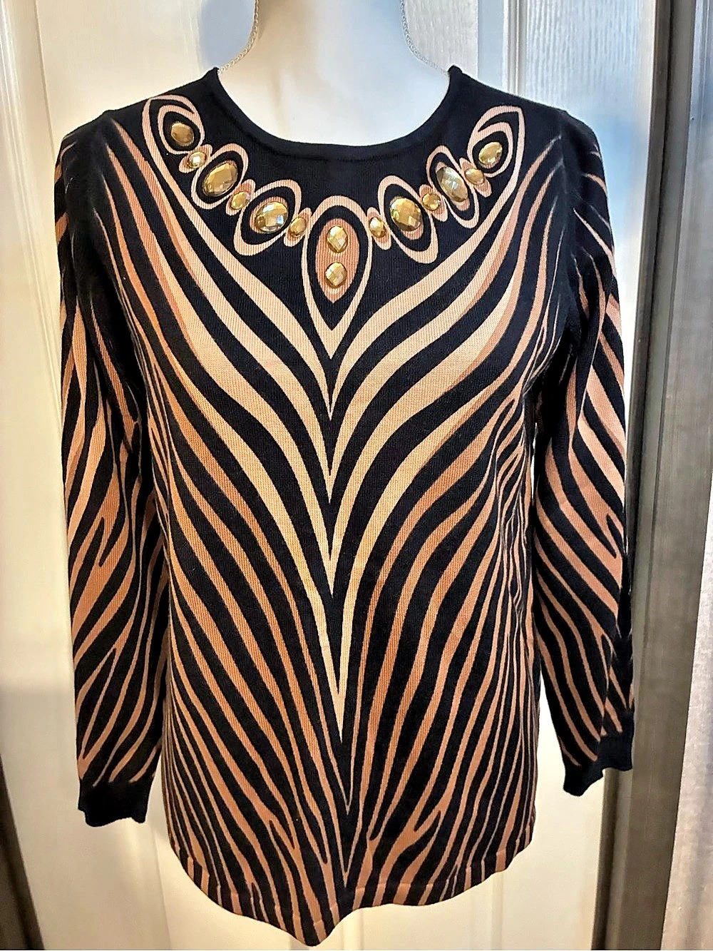 Bob Mackie Wearable Art Printed Sweater with Jeweled Neckline Jeweled Neckline